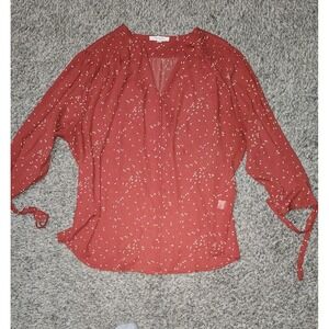 Monday Fun Rust Terracotta Seed Print V-Neck Tie Sleeve Blouse Top 2X FT62480-1P